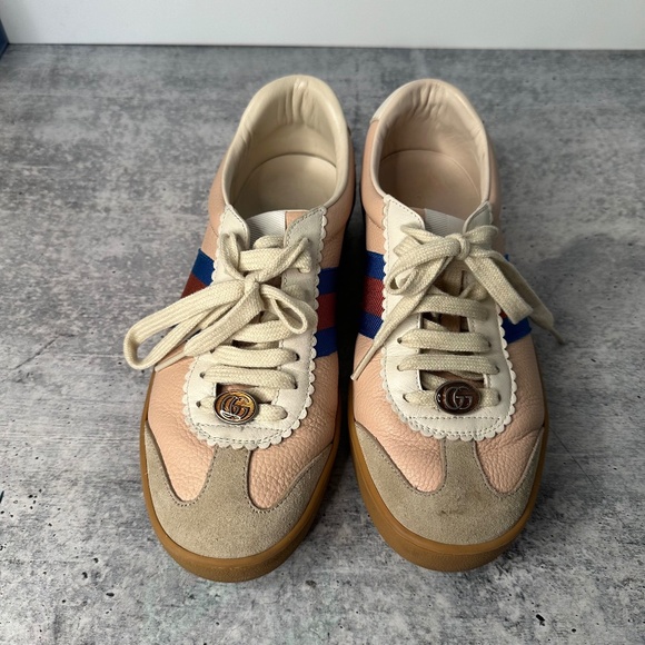 Gucci G74 Web Leather And Suede Pink Oatmeal Casual Sneakers - Picture 2 of 8